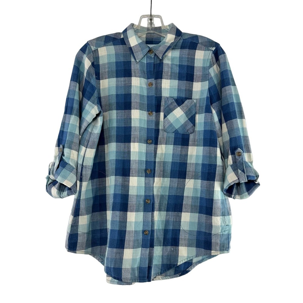 J Jill Flannel Plaid Shirt Womens Size XSP Petite Blue 3/4 Roll Tab Sleeve